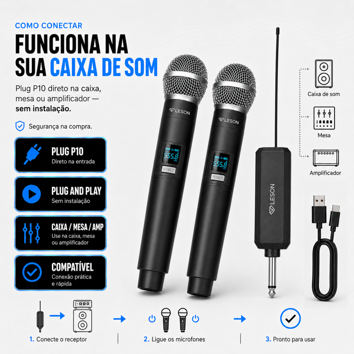 Microfone Sem Fio Duplo Recarregável Gx-02 Karaokê Igreja - Imagem 5