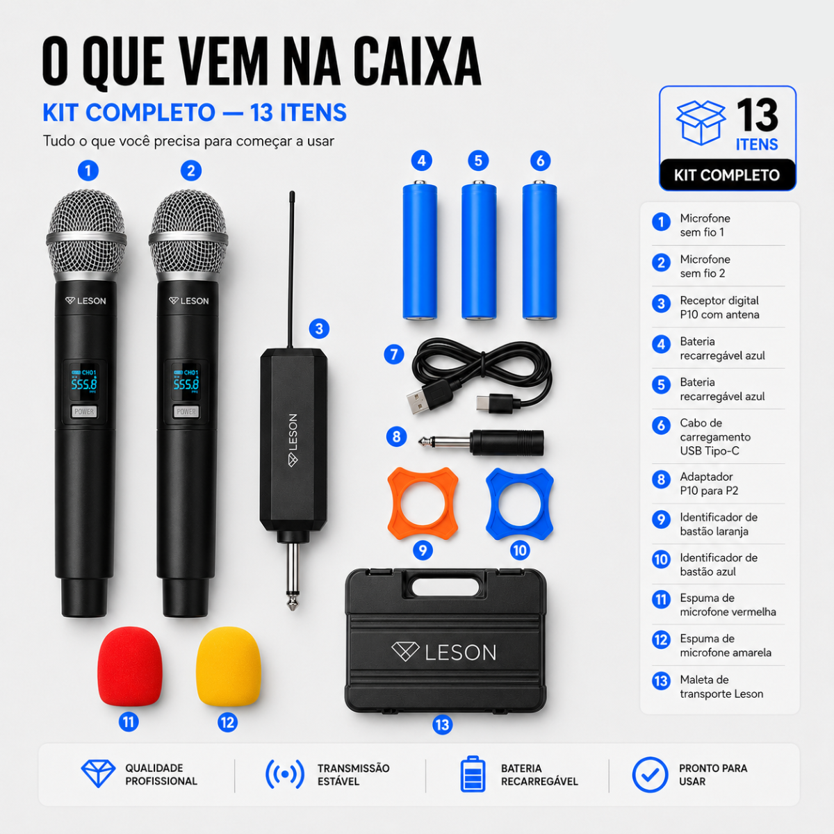 Microfone Sem Fio Duplo Leson Gx-02c Recarregável Maleta - Imagem 8