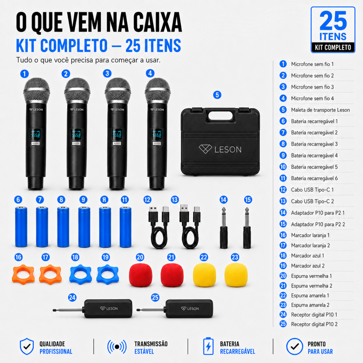 Kit 4 Microfones Sem Fio Leson Gx-04c Recarregável Maleta - Imagem 8
